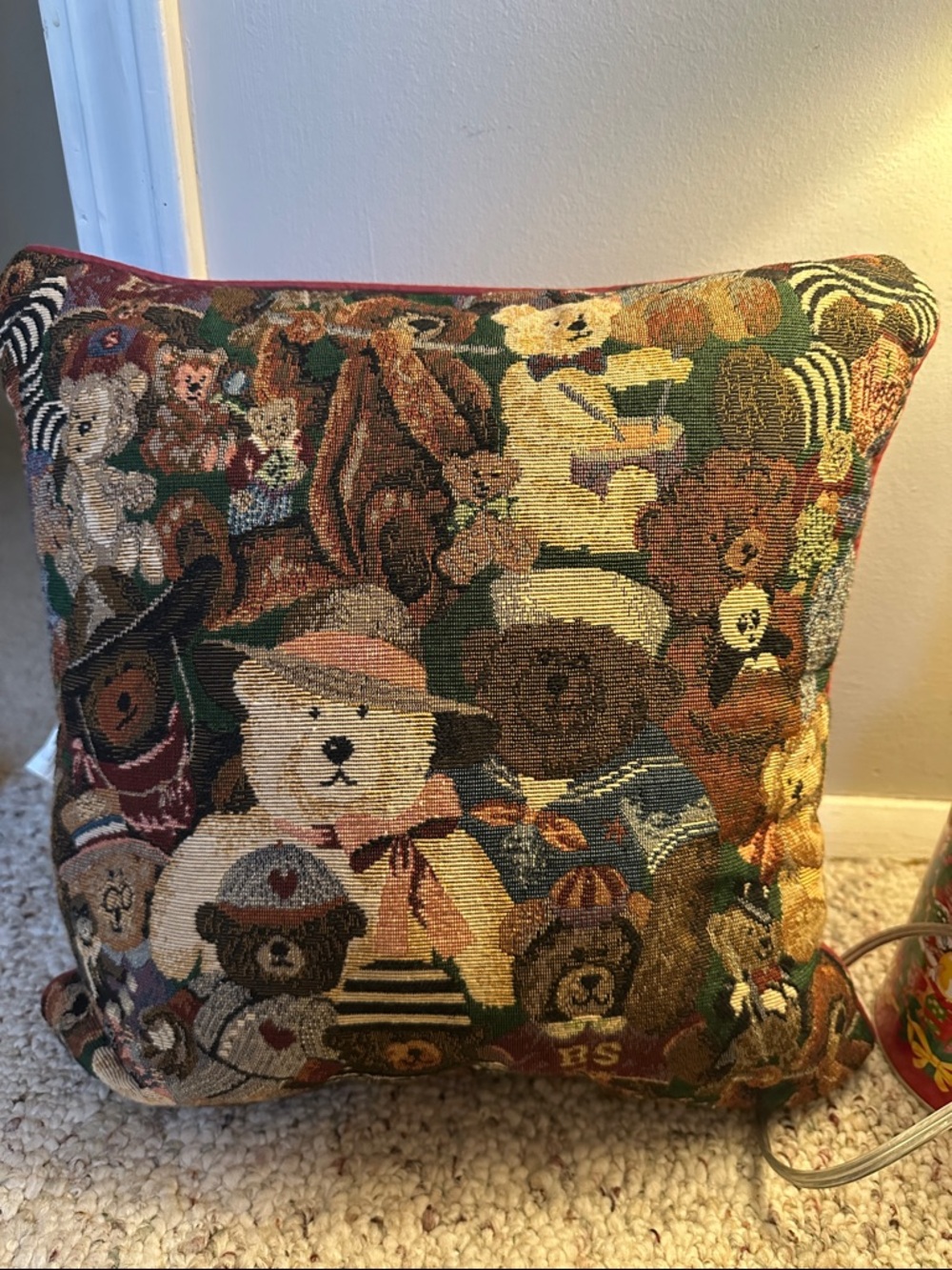 Vintage Teddy Bear All Dressed Up Needlepoint 14” Square Pillow